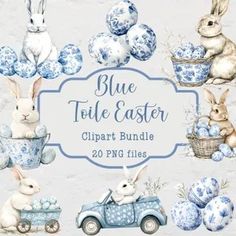 blue and white easter clipart bundle with bunnies, eggs, rabbits, cars