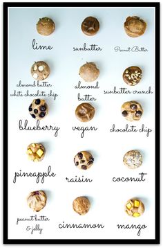 an image of different types of cookies on a white background with words written in black