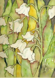 watercolor painting of white flowers and green leaves