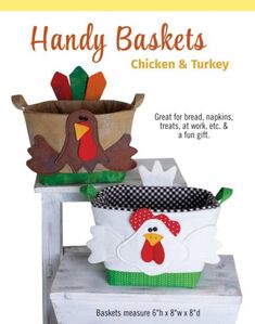 two baskets with turkeys on them sitting on top of each other