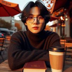 a woman wearing glasses sitting at a table with a book and coffee in front of her