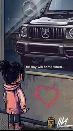 a girl standing in front of a car with a heart drawn on the wall next to it