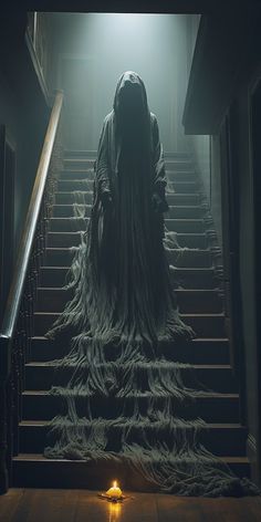 a ghostly figure walking down the stairs in a dark hallway with light coming from behind