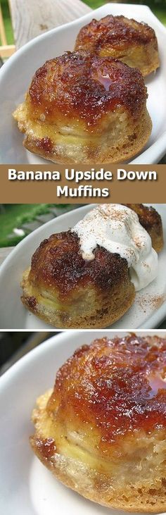 banana upside down muffins on a plate with whipped cream and cinnamon syrup in the middle