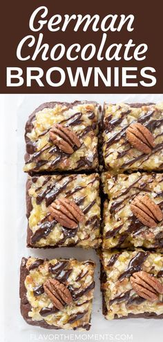 german chocolate brownies with pecans on top and text overlay that reads, german chocolate brownies