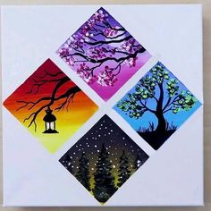 four square paintings with trees and a lantern on them, all painted in different colors