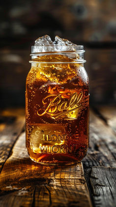 a glass jar filled with liquid sitting on top of a wooden table