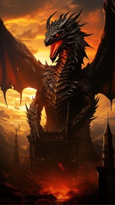 a dragon is standing in front of a castle at sunset with the sun behind it