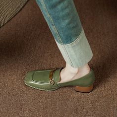 Green Round Toe Oxfords For Office, Green Round Toe Oxfords For Work, Green Oxfords For Work With Round Toe, Green Leather Office Shoes, Green Leather Office Shoes With Rubber Sole, Green Almond Toe Loafers With Leather Sole, Green Oxfords With Leather Sole For Work, Green Leather Sole Oxfords For Work, Green Leather Loafers With Flat Heel