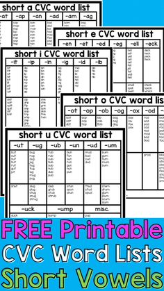 three printable cvc word lists with short words