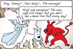 a comic strip with an angel and devil talking to each other