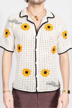 Merladesigns Unisex Sunflower Shirt, Summer Mens Flower Shirt, Crochet Unisex Shirt, Crochet Shirt, Crochet Shirt for Men, Beach Shirt - Etsy Turkey Band Au, Shirt Crochet, Shirt Blouses Women's, Sunflower Shirt, Summer Mens, Crochet Coat, Crochet Shirt, Crochet Cardigan Pattern, Men Beach