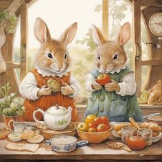 two rabbits sitting at a table with food in front of them, one eating an apple