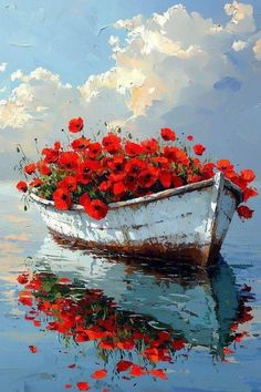 a painting of a boat with red flowers in the water and blue sky above it