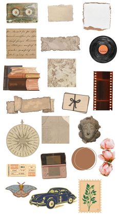 an assortment of old fashioned items are arranged on a white background, including papers and other things