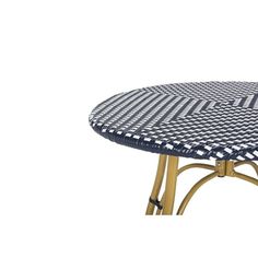 a round table with blue and white checkered cloth on it's top, against a white background