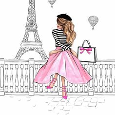 a drawing of a woman sitting on a fence in front of the eiffel tower