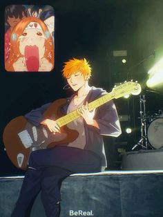 a man with orange hair playing a guitar