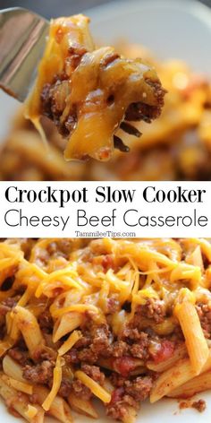 crockpot slow cooker cheesy beef casserole on a white plate