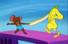 a cartoon image of a mouse and a banana being chased by a person in swimsuits