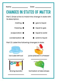 the worksheet for change in states of matter with pictures and words on it