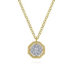 An octagonal pendant necklace boasting a centerpiece encrusted in .09cts of gleaming pave diamonds. An extended open halo frame crafted from contoured 14k yellow gold accents this chic modern style. The classic cable chain is adjustable, making this dainty style even easier to mix and match. #yellowgoldnecklace #goldnecklace #diamondnecklace #uniquenecklace White Gold Octagon Necklace For Formal Events, Formal Octagon Diamond-accented Necklaces, Formal White Gold Octagon Necklaces, Formal White Gold Octagon Necklace, Elegant White Gold Octagonal Necklaces, Elegant White Gold Octagon Necklace, Formal Octagon Diamond Necklace, Elegant Octagon Yellow Gold Diamond Necklace, Elegant Yellow Gold Octagon Diamond Necklace