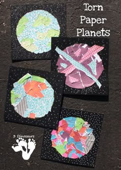 four different pieces of paper on top of each other with the words tom paper planets