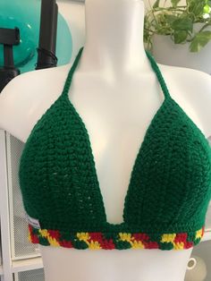 Handmade Crochet Top 100% Acrylic yarn 1 of 1 Top  Size: S/M (6 in. Cup) Can fit sizes 36A, 34-36B, 32-34C, 32D Green Fitted Crochet Top, Fitted Green Crochet Trim Top, Green Crochet Stretch Top, Green Stretch Crochet Top, Green Fitted Crochet Top For Festival, Fitted Green Crochet Top For Festival, Handmade Fitted Green Tops, Fitted Handmade Green Tops, Fitted Red Crochet Top