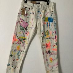 New Polo Ralph Lauren Avery Boyfriend Jeans. Size 27r & 26r. Color Off White / Multi Color (Splash Paint)(Lt Indi Ps). Denim Jeans. 100% Cotton. Paint Patterns Differ By Each Jean. Paint Patterns, Denim Art, Denim Ideas, Painted Jeans, Stylish Jeans, Ralph Lauren Women, Upcycled Fashion, Ralph Lauren Jeans, Lauren White