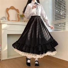 Lasaky - High-Waisted Double-Layer Skirt with Lace Trim, Loose-Fit Half Skirt and Collared Shirt Cocktail Skirts, White Long Skirt, Model Pose, Ankle Length Skirt, Gown Pattern, Skirts Women, Half Skirt, College Style, Empire Dress