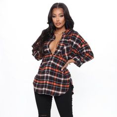 Oversized Flannel Collared Shirt Button Down Long Sleeve Disclaimer: Plaid Placement Will Vary 100% Cotton Oversized Red Flannel Shirt For Fall, Black Long Sleeve Flannel Shirt For Fall, Oversized Black Flannel Shirt For Winter, Oversized Black Flannel Shirt For Fall, Orange Collared Top For Fall, Orange Collared Blouse For Fall, Oversized Flannel Tops For Fall, Oversized Black Flannel Top, Black Flannel Shirt For Work