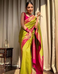 Type: Saree Saree Color: Lime Green & Pink Blouse Color: Pink Saree Length: 6.3 Mtrs (With Blouse) Blouse Length: 0.80 Mtrs Fabric: Soft Banarasi Silk Work: Zari Weaving Care Instruction: Hand Wash Product Code: 80978 Saree With Embroidery Blouse, Parrot Green Saree, Marathi Saree, Maharashtrian Saree, Pure Georgette Sarees, Blouse Stitching, Orange Saree, Designer Silk Sarees