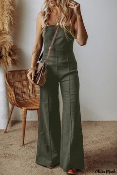 Olivia Mark - Flared High Waist Jumpsuit with Black Seamed Zipper and Comfortable Fit Knit Jumpsuit, Black Bottoms, Flared Sleeves, Running Errands, Jumpsuits For Women