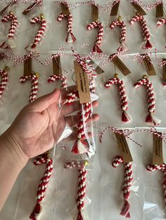 a hand is holding some candy canes in plastic bags with tags attached to them