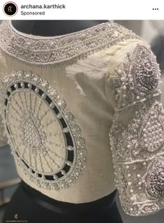 Off White Blouse With Saree, Back Embroidery Blouse, White Aari Work Blouse, Pearl Maggam Work Blouse Designs, Beads Blouse Design, Pearl Work Blouses, Pearl Work Blouse Designs, Pearl Work Embroidery Blouses, White Pearl Blouse