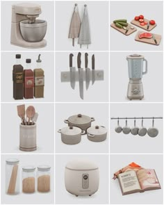 many different types of kitchen appliances and utensils are shown in this set up