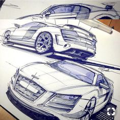 a drawing of two sports cars on a piece of paper with pen and ink in it