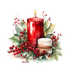 a watercolor painting of a red candle with holly and berries