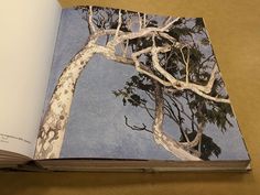 an open book with trees on it