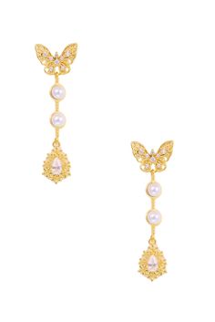 Rue Gembon Margaux Gold Butterfly Earrings Chanel Bracelet, Pearl Hoop Earrings