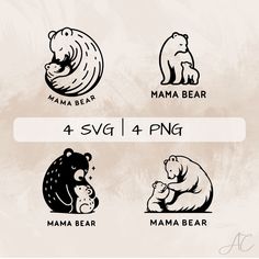 the mama bear logo has four different bears and their names in black, white, and gray