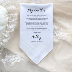 Brother of the Bride handkerchief with custom printed message from the bride, wedding gift, favor, brother gift, brother of the bride gift. Personalized handkerchief.  Personalised handkerchief. Wedding gift for Brother.  Brother wedding gift. All handkerchiefs are beautifully crafted using top notch 100% cotton material and printed with professional printer.  The prints are soft and undetectable with touch.  The prints are permanent and does not wash off. Men handkerchiefs are approximately 16x Ring Boy Wedding, Brother Of The Bride, Bride Handkerchief, Personalized Handkerchief, Groom Handkerchief, Handkerchief Wedding, Personalized Handkerchiefs, Ring Bearer Gifts, Wedding Hankies