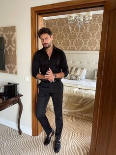 Cocktail Male Outfit, Formal Dress Poses For Men, All Black Formal Men, Men’s Dinner Date Night Outfit, Black Shirt Outfit Men Party, Alpha Male Outfits, Men’s Engagement Party Outfit, Male Dinner Outfit, All Black Dinner Party Outfit