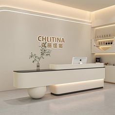 a white reception desk with a plant in the center and lights above it that read, china