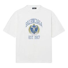 Balenciaga Varsity Logo T-Shirt Medium Fit 'White' 612966TLV891375 Luxury White T-shirt With Letter Print, Luxury White T-shirt With Logo Print, Classic White T-shirt With Letter Print, Luxury White Short Sleeve T-shirt, White Classic T-shirt With Graphic Print, Luxury White Tops With Embroidered Logo, Luxury White Short Sleeve Top, Luxury White Tops With Graphic Print, Luxury White Tops With Letter Print