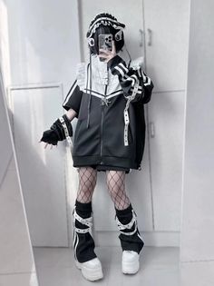 ❤︎【Tenshi Kaiwai👼] Bionic Angel Gray Black Complete Set❤︎ Cute Outfits Kawaii Black, Black And White Kawaii Outfits, Black And White Harajuku Fashion, Space Inspired Outfits, Tenshi Kaiwai Fashion, Black Harajuku Style Hoodie, Black Harajuku Cosplay Set, White Jirai Kei, Kou Diabolik Lovers