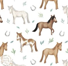 horses and horseshoes on a white background with green leaves for wallpaper or fabric