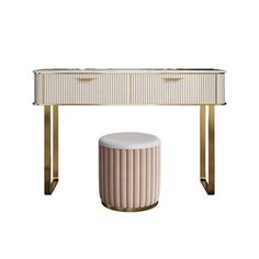 a white and gold console table with two drawers on one side and a stool in the other