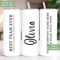 three personalized tumblers with the names of two different types