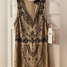 Brand New Size 6 Gown. It Is Tan Color With Gunmetal Or Charcoal Beading In A Geometric Design Beaded Floor-length Cocktail Dress, Aidan Mattox, Beaded Gown, Tan Color, Geometric Design, Beading, Maxi Dress, Size 6, Brand New